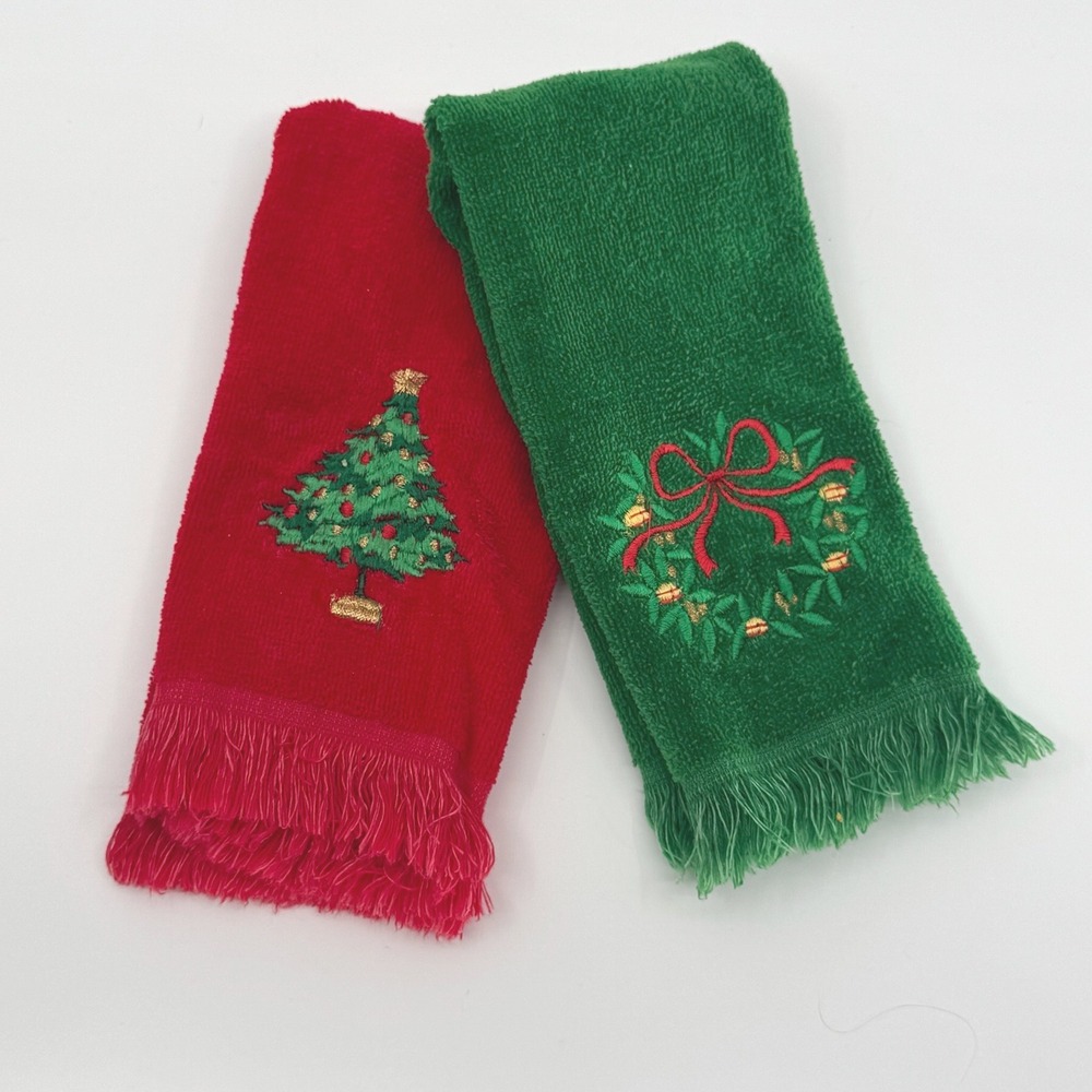 Vtg 70s Fieldcrest Guest Towels SET 2 Powder Room Christmas Tree Holiday Wreath